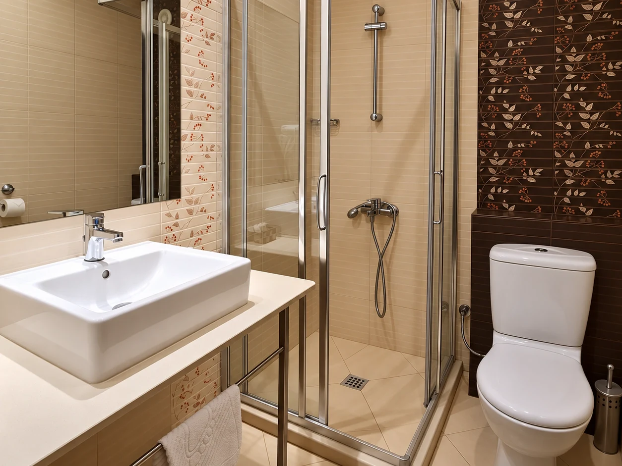 The Economy Room's bathroom with a shower, a basin and a wall of patterned brown tiles