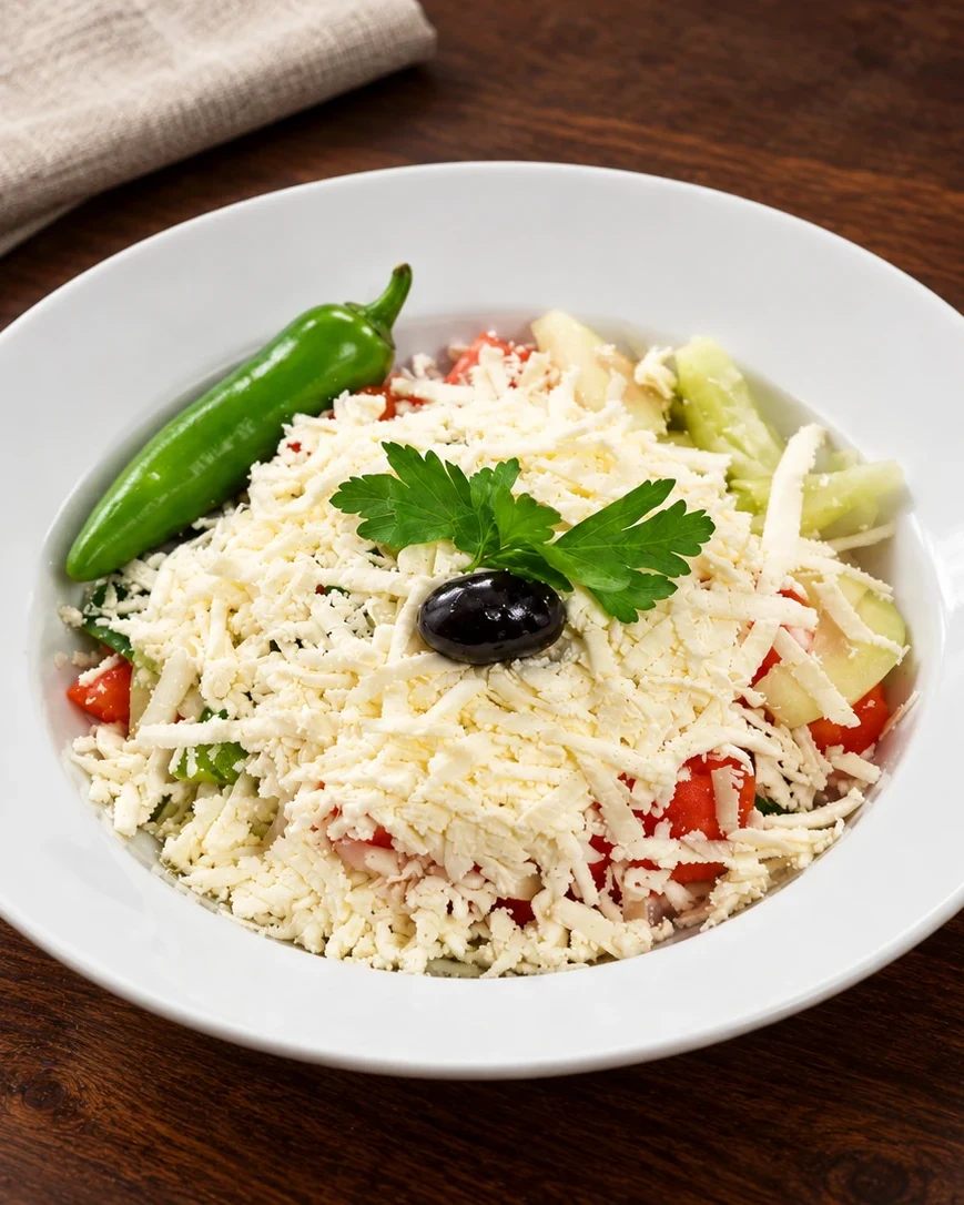Shopska salad with grated cheese, an olive, parsley and a hot pepper in a deep white bowl