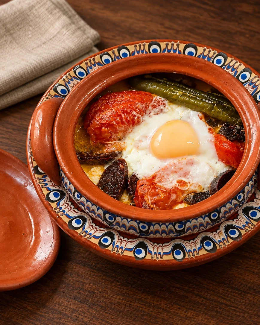 An open clay pot with painted decoration holding egg, tomatoes and a hot pepper, its lid beside it