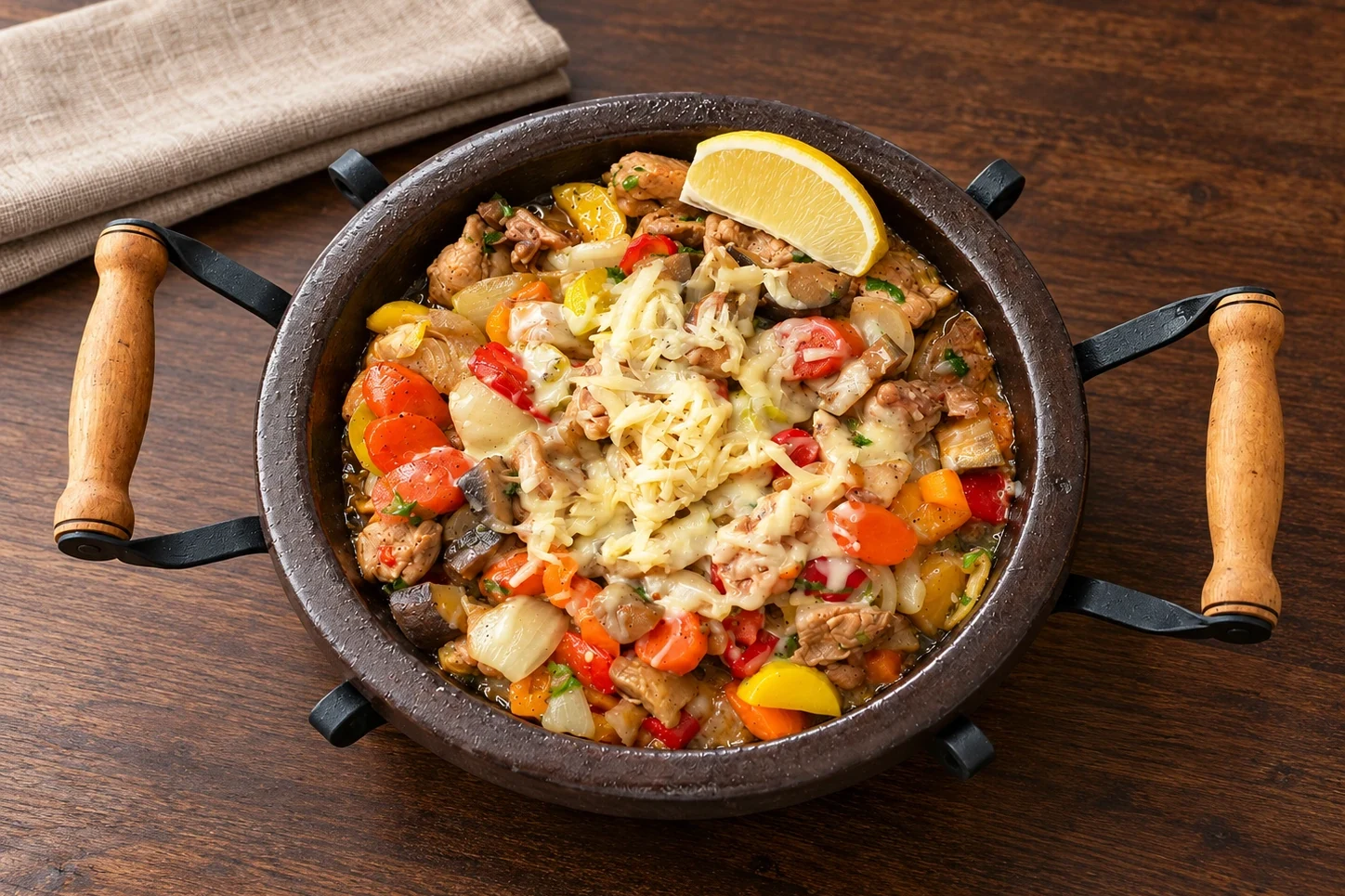 A dark metal sach with wooden handles, full of vegetables, mushrooms and melted cheese, with a lemon wedge