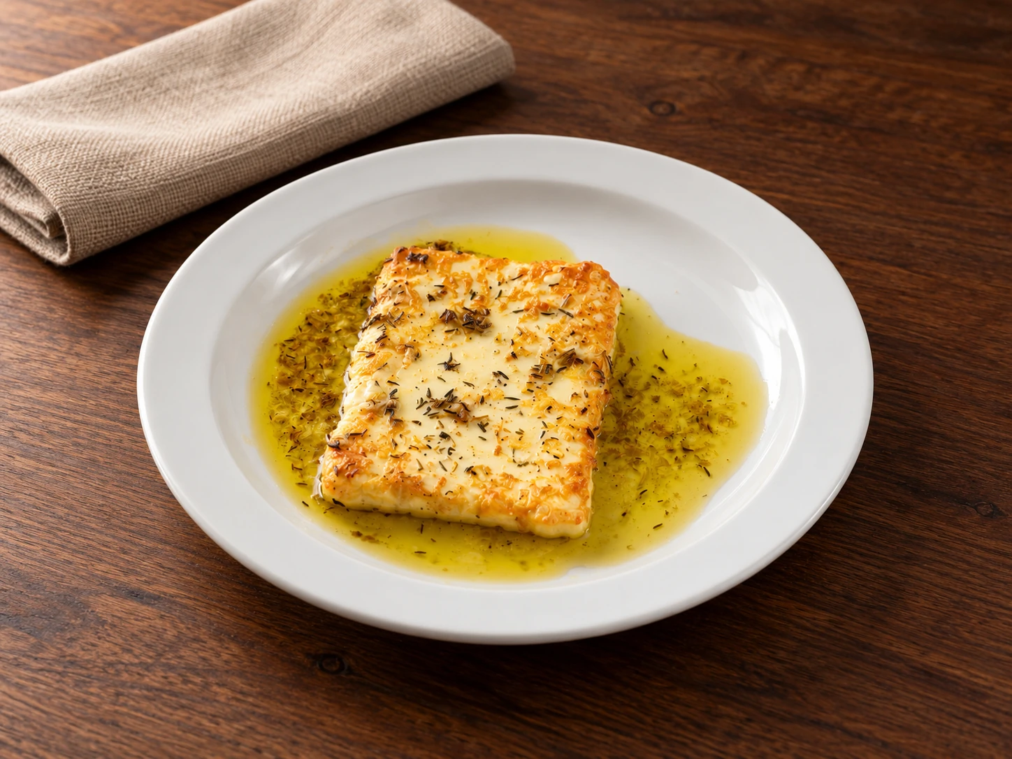 A baked slab of white cheese in honey with fine thyme on a white plate