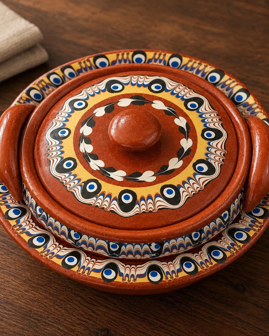 A closed clay pot with painted decoration on a dark wooden table beside a folded linen napkin