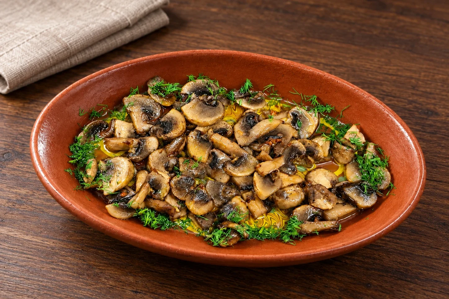 Mushrooms in butter with fresh herbs in an oval clay dish