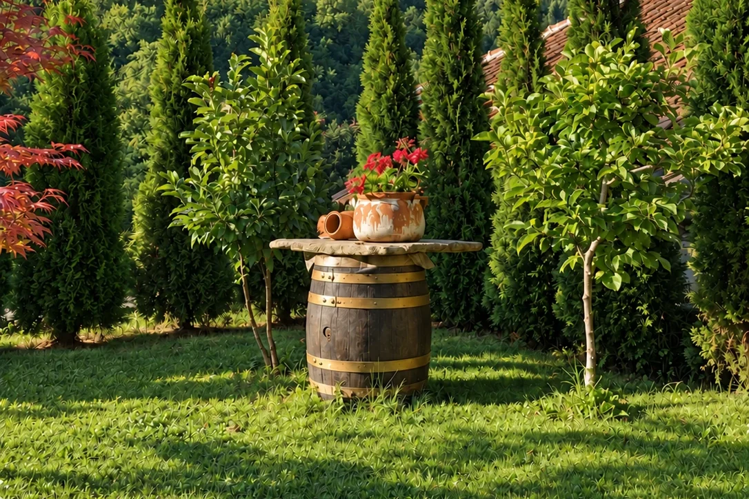The garden with conifers, a lawn and a wooden barrel planted with flowers