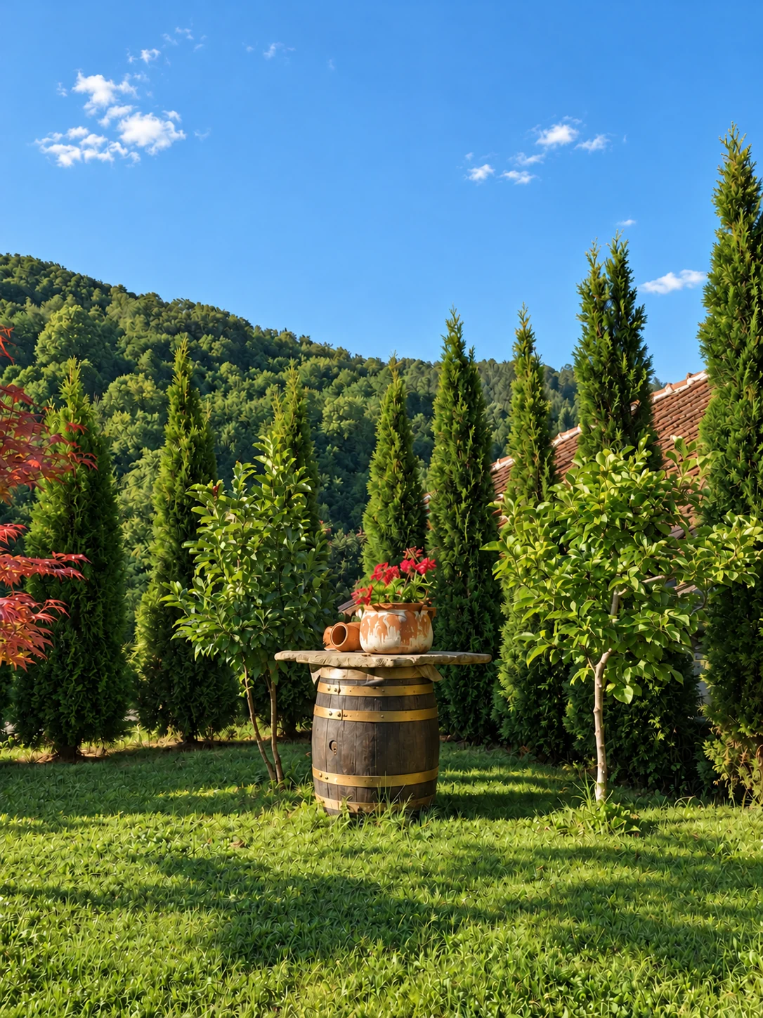 A wooden barrel topped with a stone slab and a clay pot of red flowers among young conifers on a green lawn