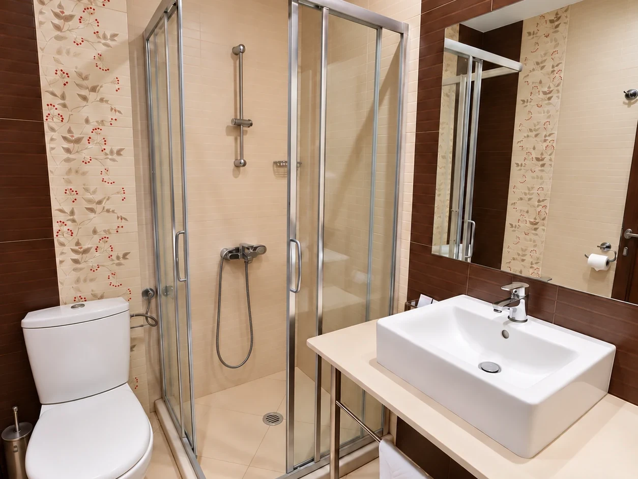 A shower cubicle, a basin on a pale counter and a wall of dark tiles